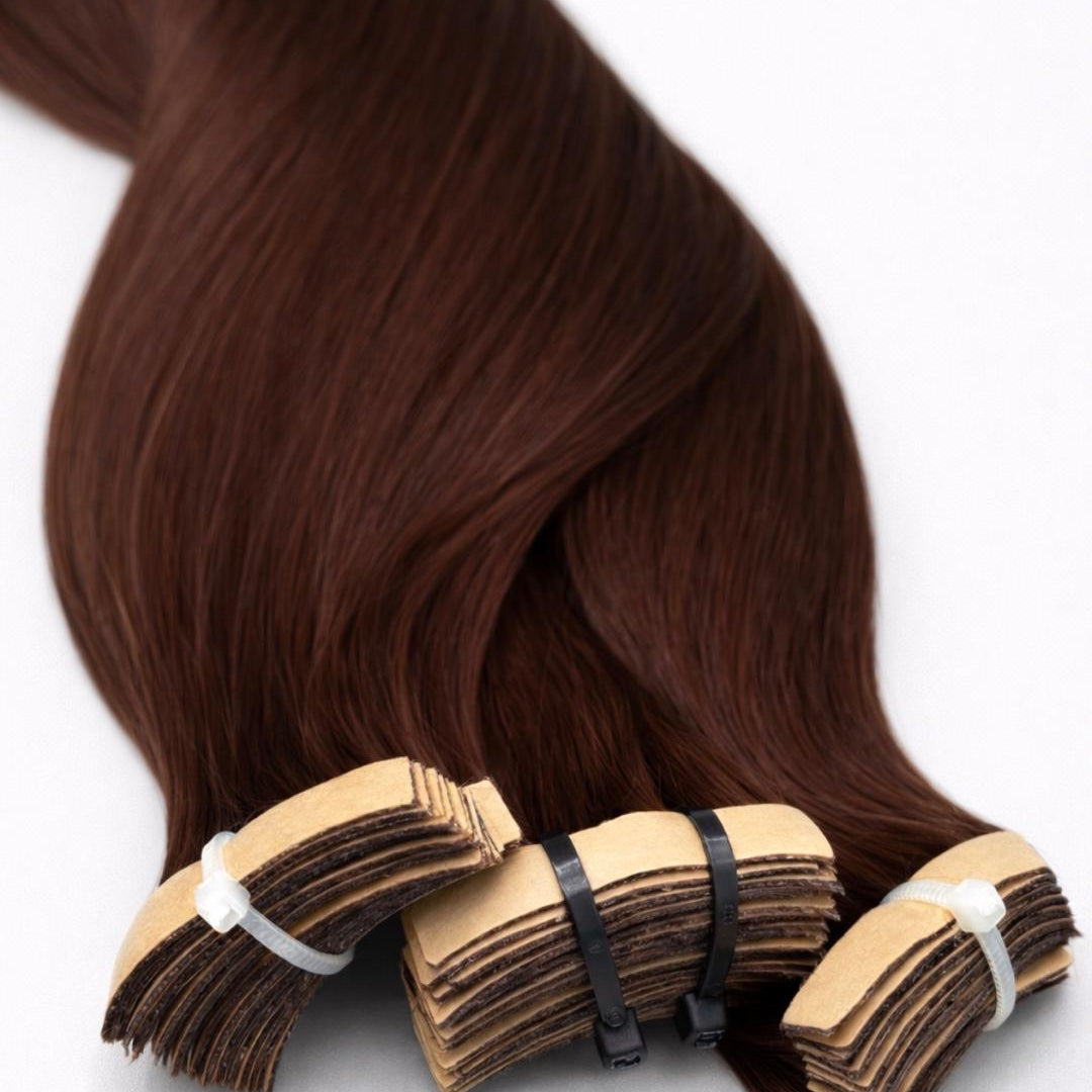 Hochwertige Tape-In Extensions der Premium Line von ROVIA Hair in einem edlen Dunkelbraun.