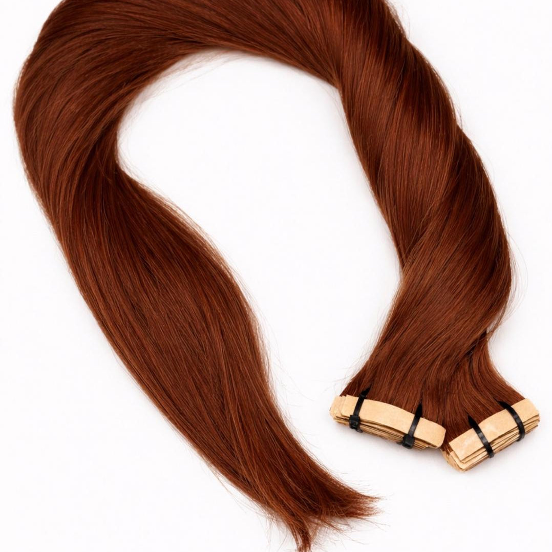 Premium Echthaar Tape-Ins von ROVIA Hair für eine professionelle Haarverlängerung in einem rötlichen Braunton.