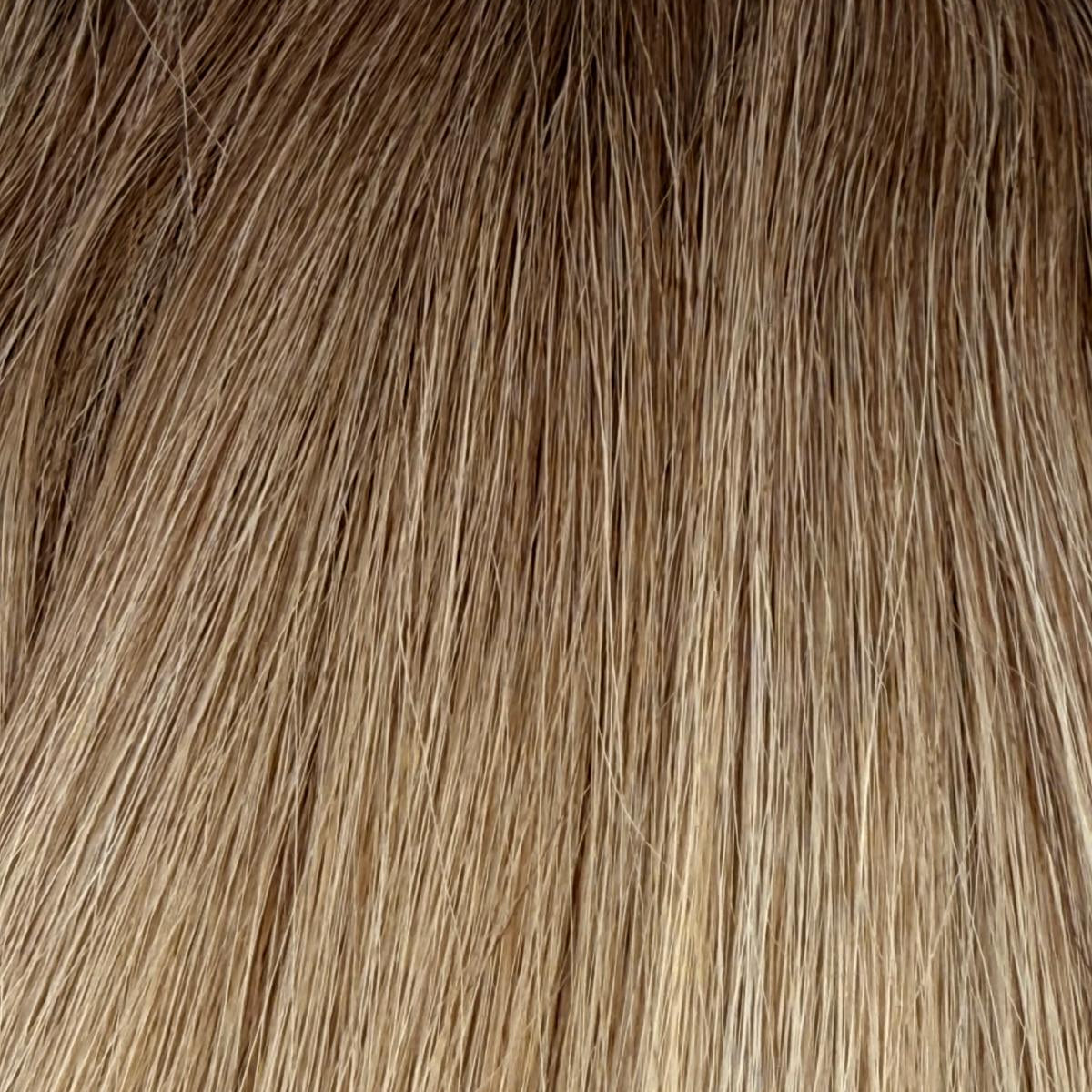Nahaufnahme der Echthaar-Struktur von Bondings in Dunkelblond-Light und Hellblond-Natur
