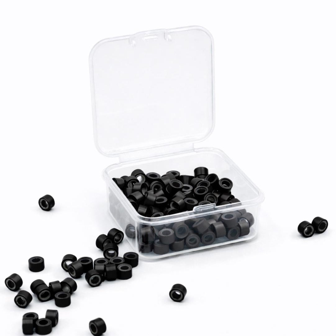 Schwarze Microringe mit Silikon-Innenschicht in Aufbewahrungsbox für I-Tip Extensions – Rovia Hair