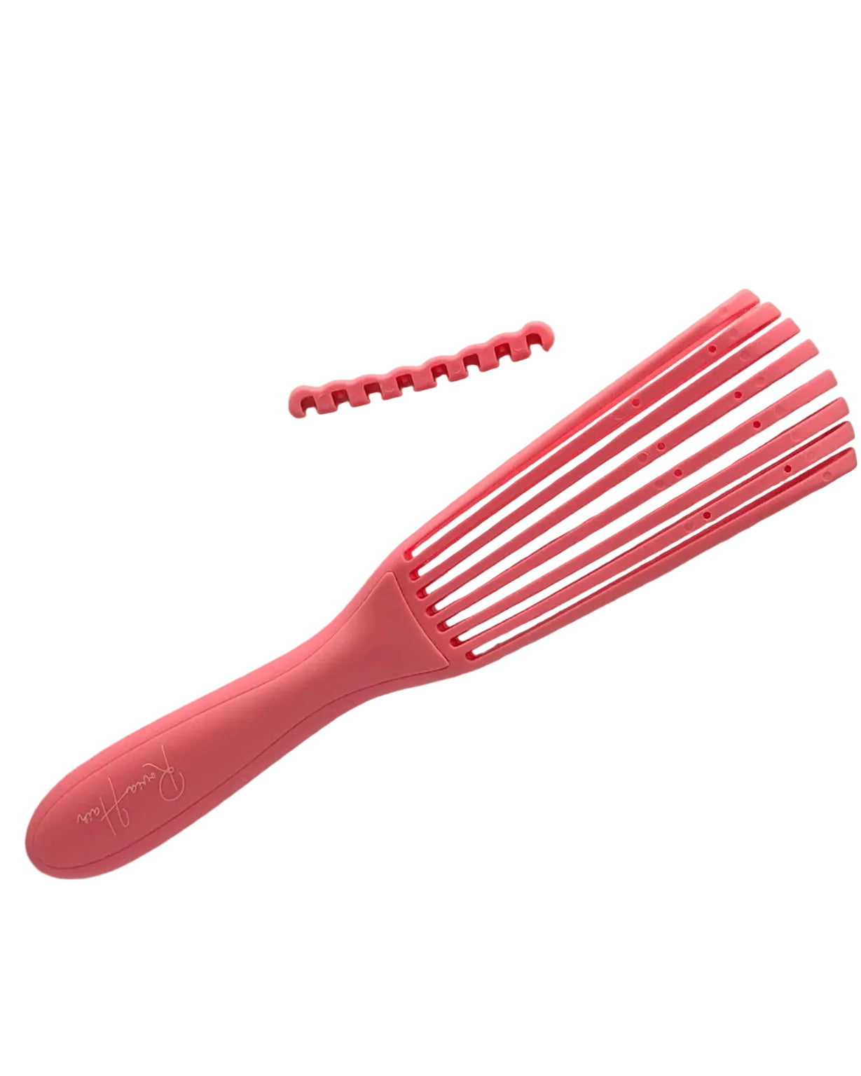 Nahaufnahme des Griffs der antistatischen Rovia Hair Extensions-Bürste in Pink