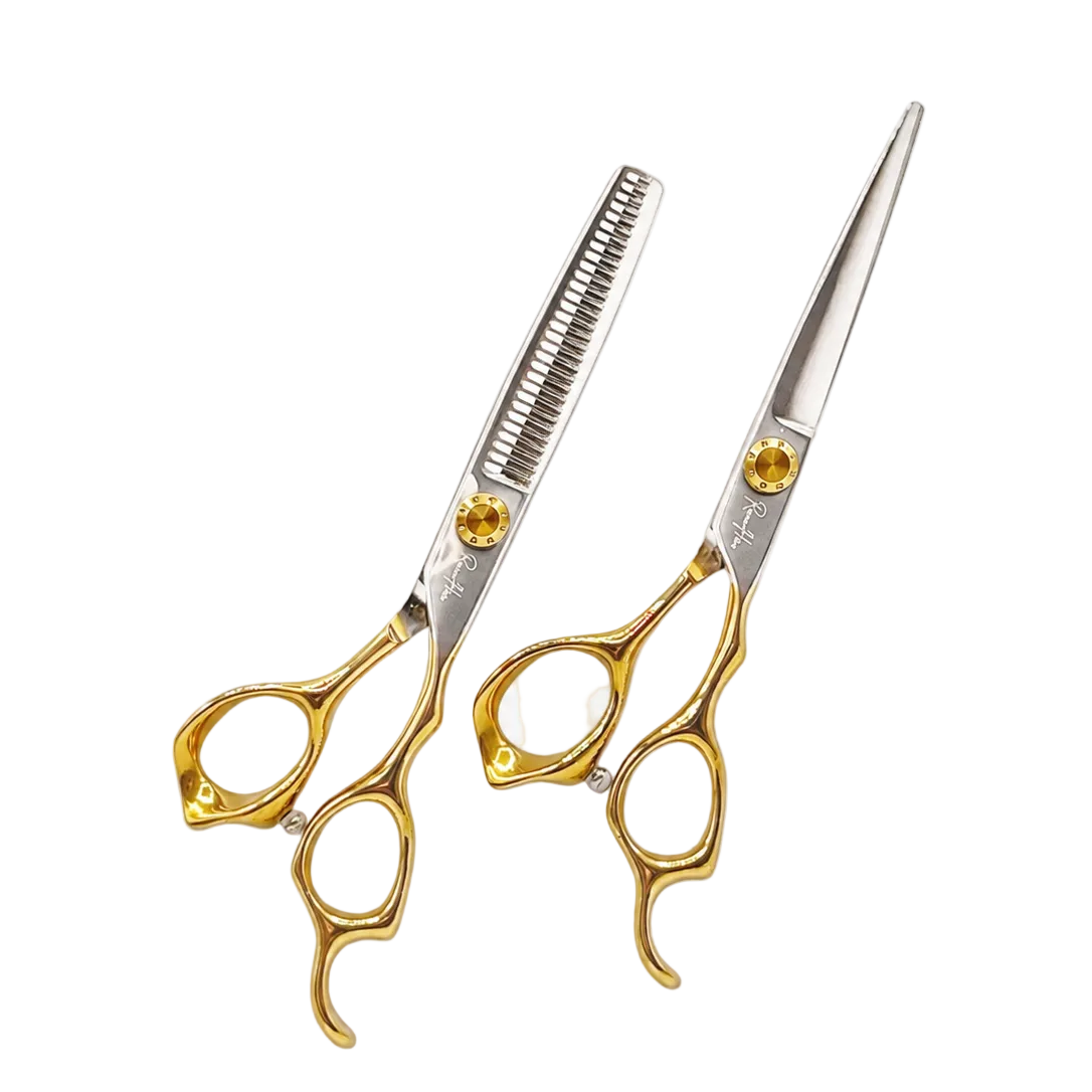 Präzisions-Haarschere und Effilierschere aus Edelstahl in Silber und Gold für Extensions – Rovia Hair
