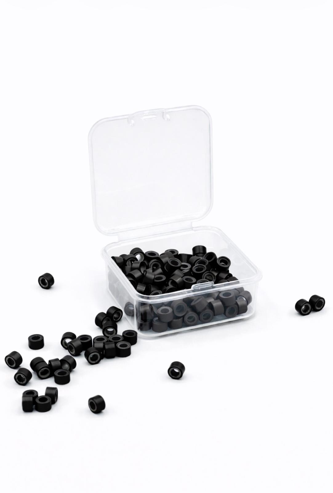 Schwarze Microringe mit Silikon-Innenschicht in Aufbewahrungsbox für I-Tip Extensions – Rovia Hair