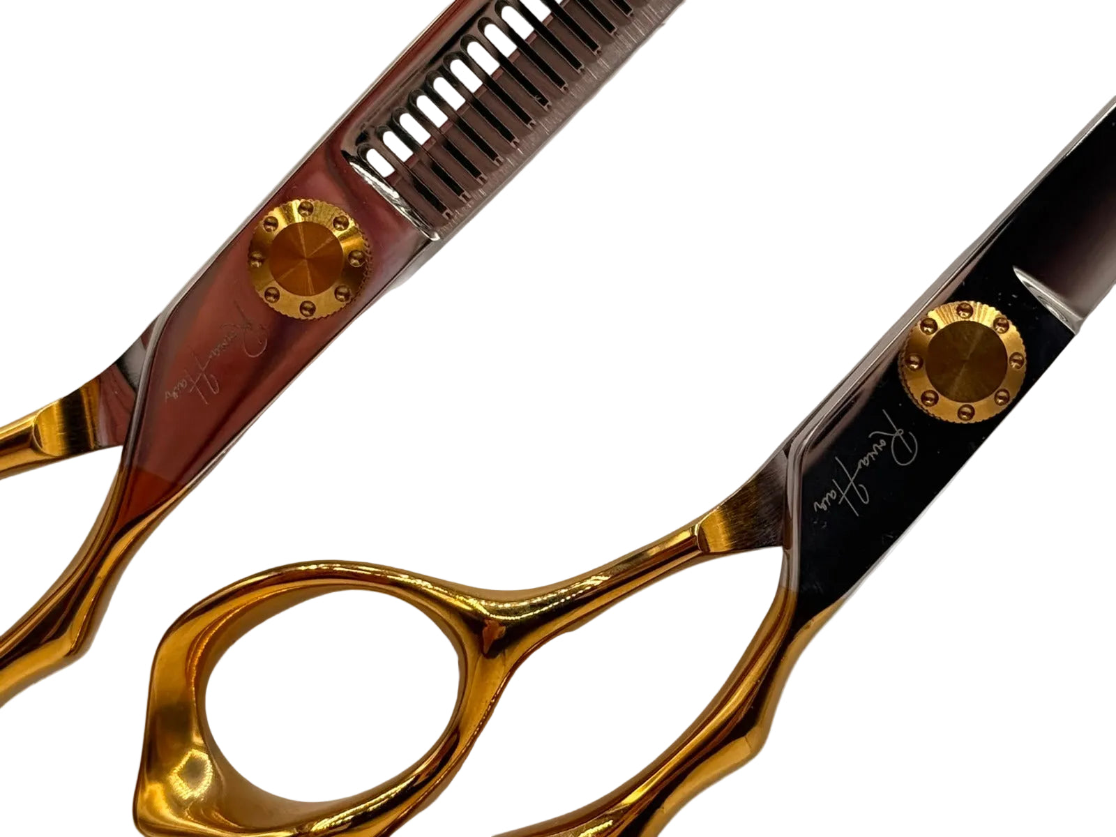Detailansicht der Effilier-Verzahnung und verstellbaren Schraube in Gold – Rovia Hair Basel